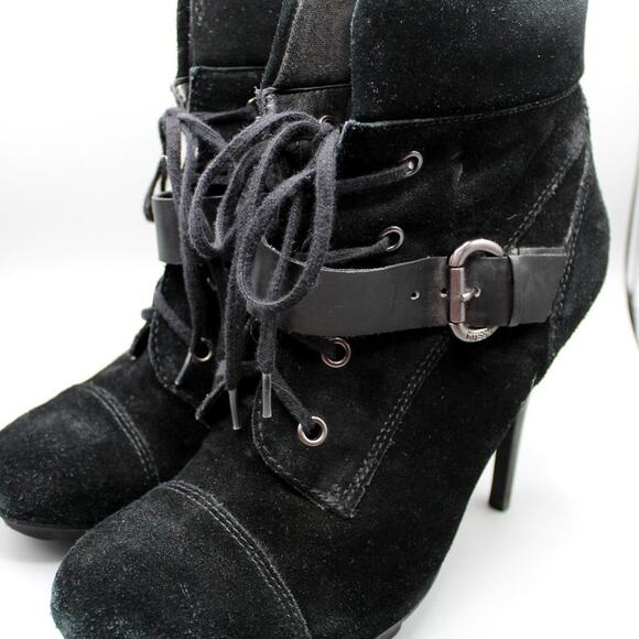 GUESS Lace Up Black Leather Heeled Booties Size 8 - Picture 8 of 10